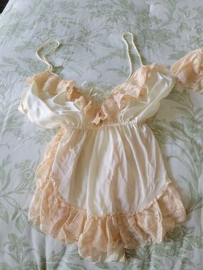 1970's, 1980's Vintage Cream and Peach Lace Bodysuit And Matching Robe